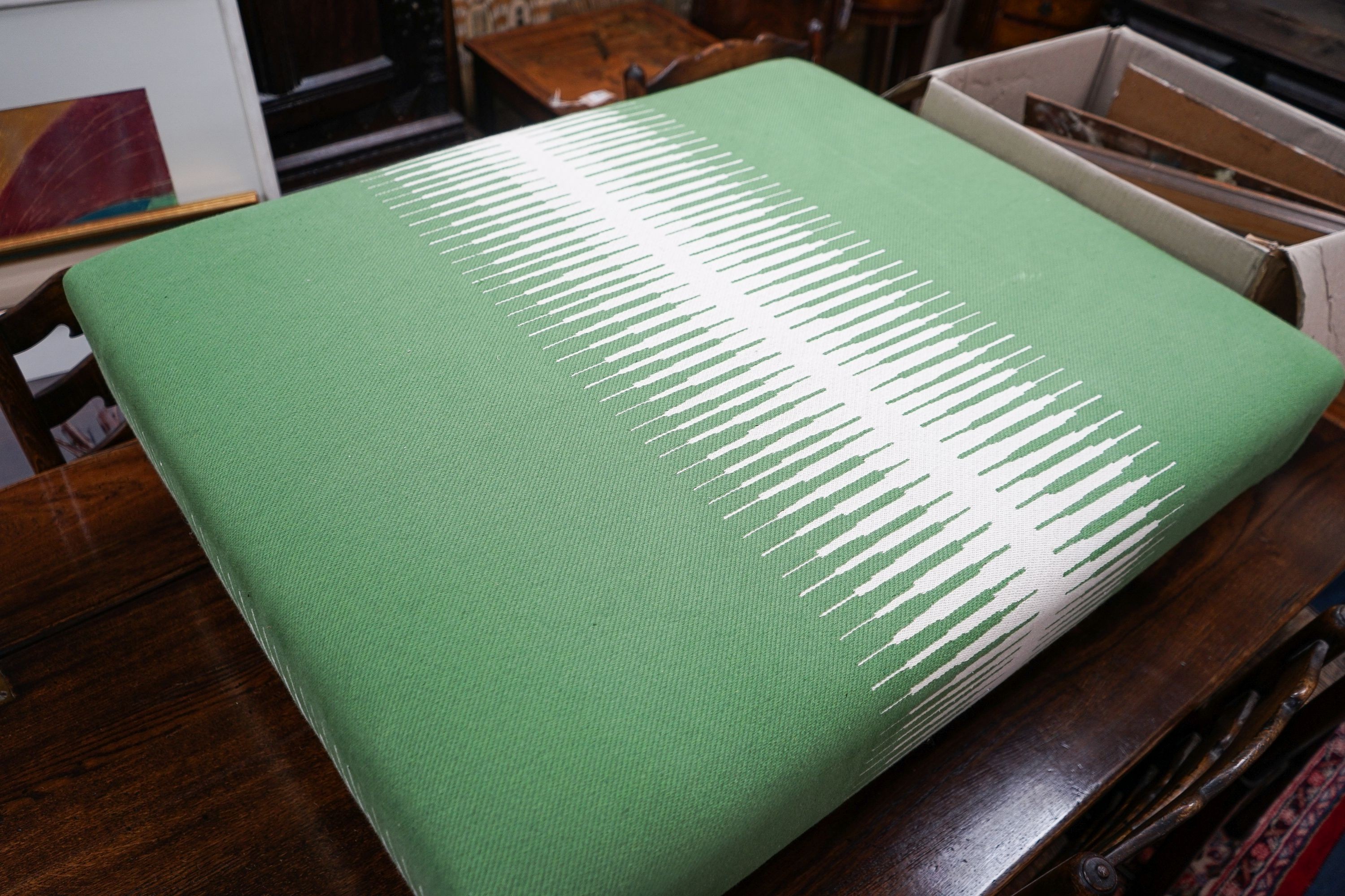 A contemporary Manuel Canovas rectangular green upholstered foot stool, length 95cm, depth 81cm, height 32cm
